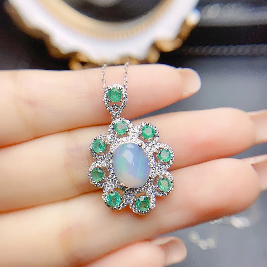 8*10mm+3*3mm Natural Opal & Emerald Pendant Necklace, S925 Sterling Silver Double Gemstone, Unique Jewelry Gift for Women