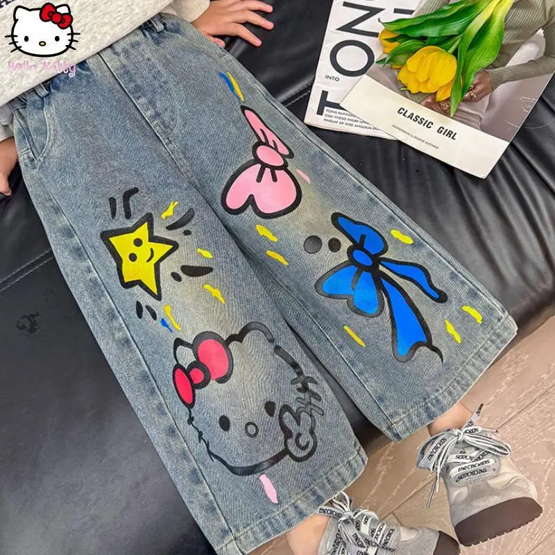 

Hello Kitty Girls Anime Jeans Cartoon Spring Autumn New Straight Leg Pants Kawaii Children Sanrio Fashion Casual Wide Leg Pants