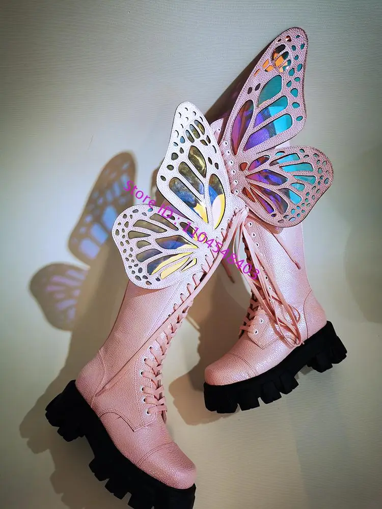 

Sequins Light Women Butterfly Wing Boots Women Large Butterfly Wings High Boots Shine Silver Lace Up Colorful Ladies High Boots