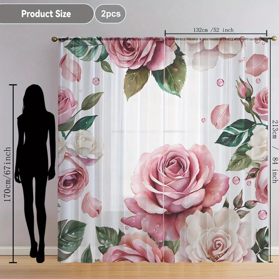 2PCS Digital Printed Sheer Curtain, Water Droplet Rose Flower, Fresh Dewy Romantic Floral for Living Room Bedroom Home Decor
