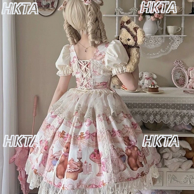 ヴィンテージかわいいカワイイロリータドレス甘いスクエアネックバブル半袖レースステッチリボンプリンセスボールガウンドレス女性