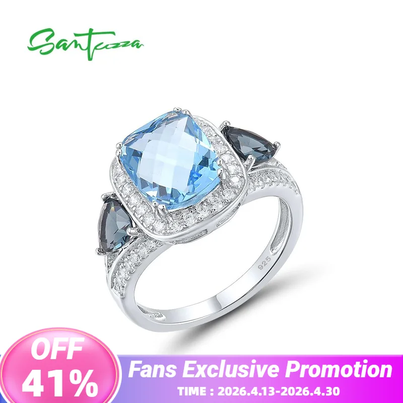

SANTUZZA Silver Ring For Women Genuine 925 Sterling Silver Sparkling Solitaire Blue Stones Stunning Trendy Party Fine Jewelry