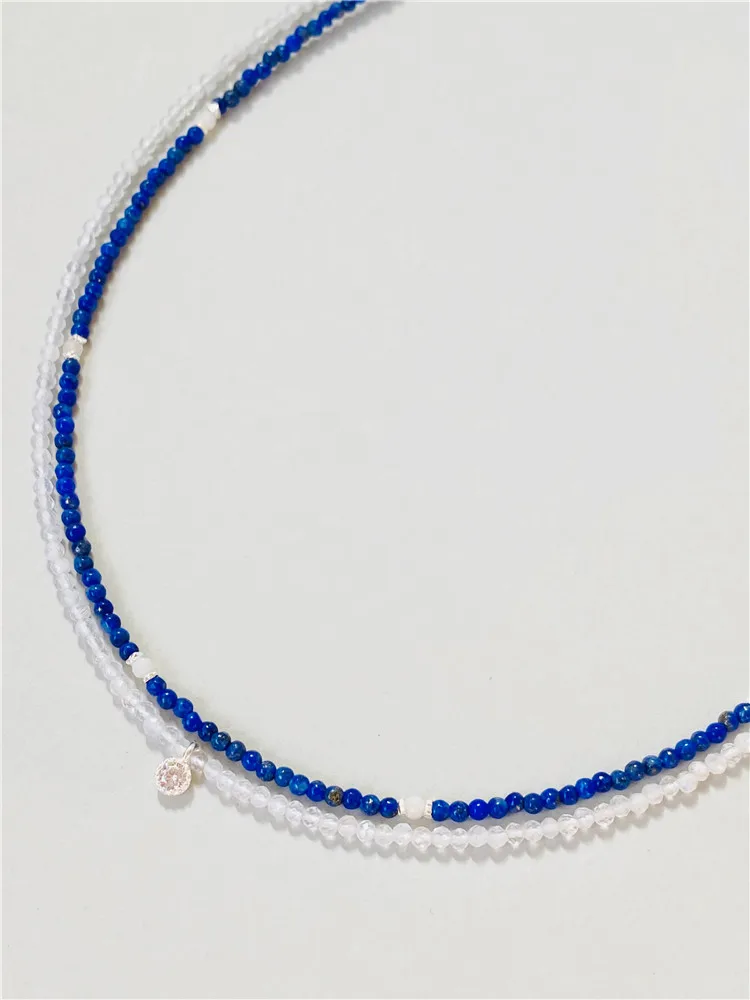 2mm Extremely Thin Lapis Lazuli White Moonlight Beads 925 Silver Women Necklace Crescent Pendant Clavicle Chain Stacking Jewelry