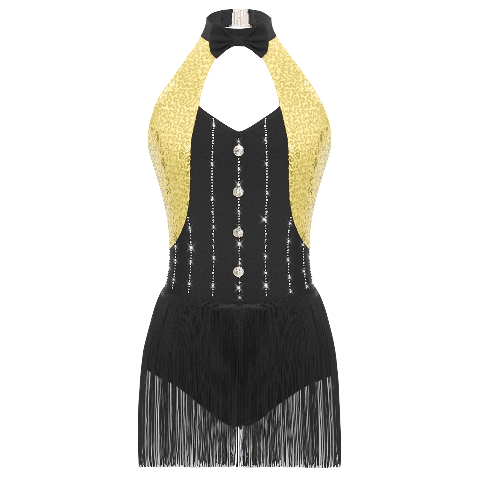 Women Sparkly Patchwork Latin Samba Cha-cha Stage Performances Outfits Glittery Halter Bow Tie Backless Tassel Latin Dancewear