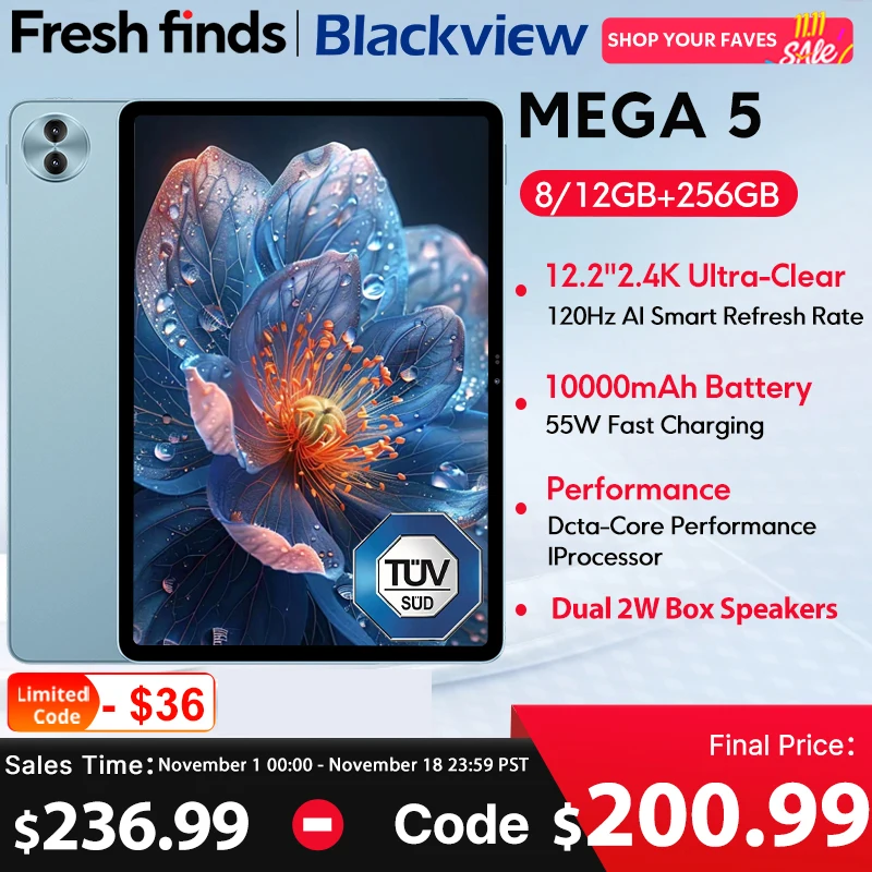 새로운 블랙뷰 MEGA 5 AI 태블릿 12.2인치 2.4K 120Hz 디스플레이 12GB 256GB 10000mAh 55W 충전 4G 안드로이드 16 PC 패드