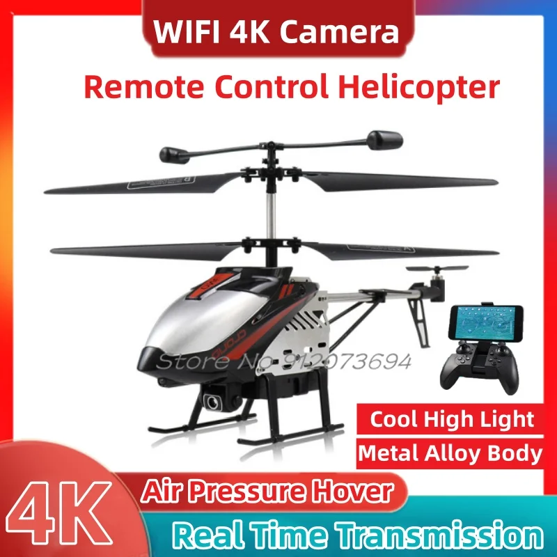 WIFI 4K Mini Alloy Remote Control Drone 2.4G 4 Channels Real Time Transmission Air Pressure Hover Cool Light RC Drone Helicopter