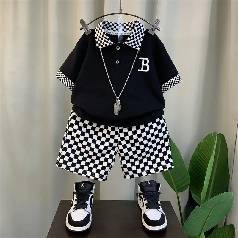 Summer Teenage Boy Clothes Set Cartoon Plaid Short Sleeve Lapel Shirts and Shorts Suit Children\'s Boys Top and Bottom Streetwear