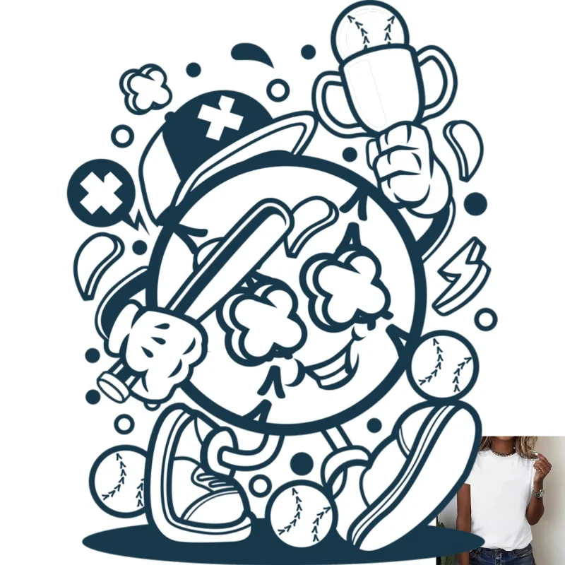Trendy Baseball Cartoon Pattern Heat Transfer White Ink Iron - on, Suitable for T - shirts, Canvas Bags, Casual Sports Style,