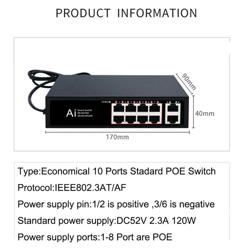 AIAI POE Switch 100Mbps Ethernet Switch POE Splitter IEEE 802.3Af/At untuk Kamera IP Nirkabel AP Wifi Router US Plug
