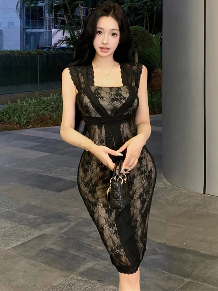 

2025 Black Lace Jacuqard Square Collar Sexy Midi Dress Women Elegant Bodycon Hip Wrap Dress Summer Korean Vintage Party Vestidos