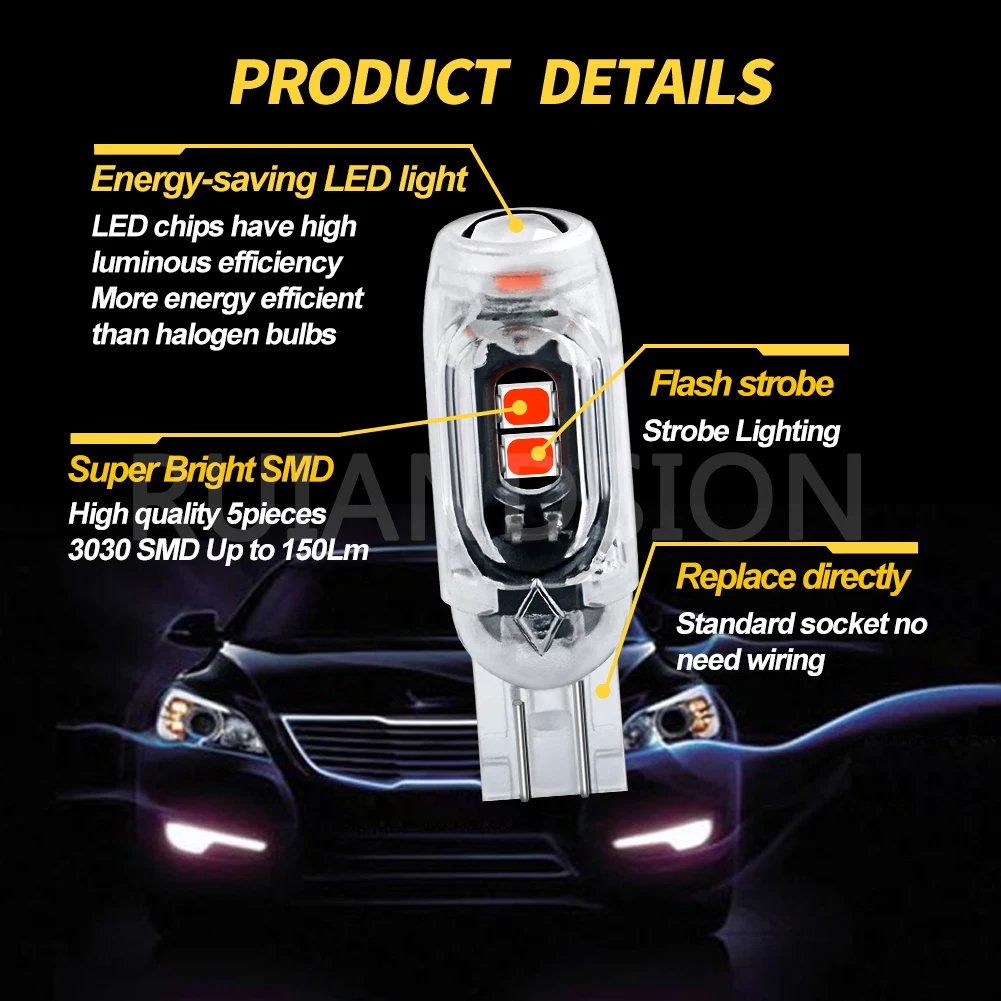 RUIANDSION 2x Strobe Flash T10 LED 194 W5W LED Bulb 12V CANBUS No Error Brake Reversing Light Wedge for Toyota Tundra Highlander