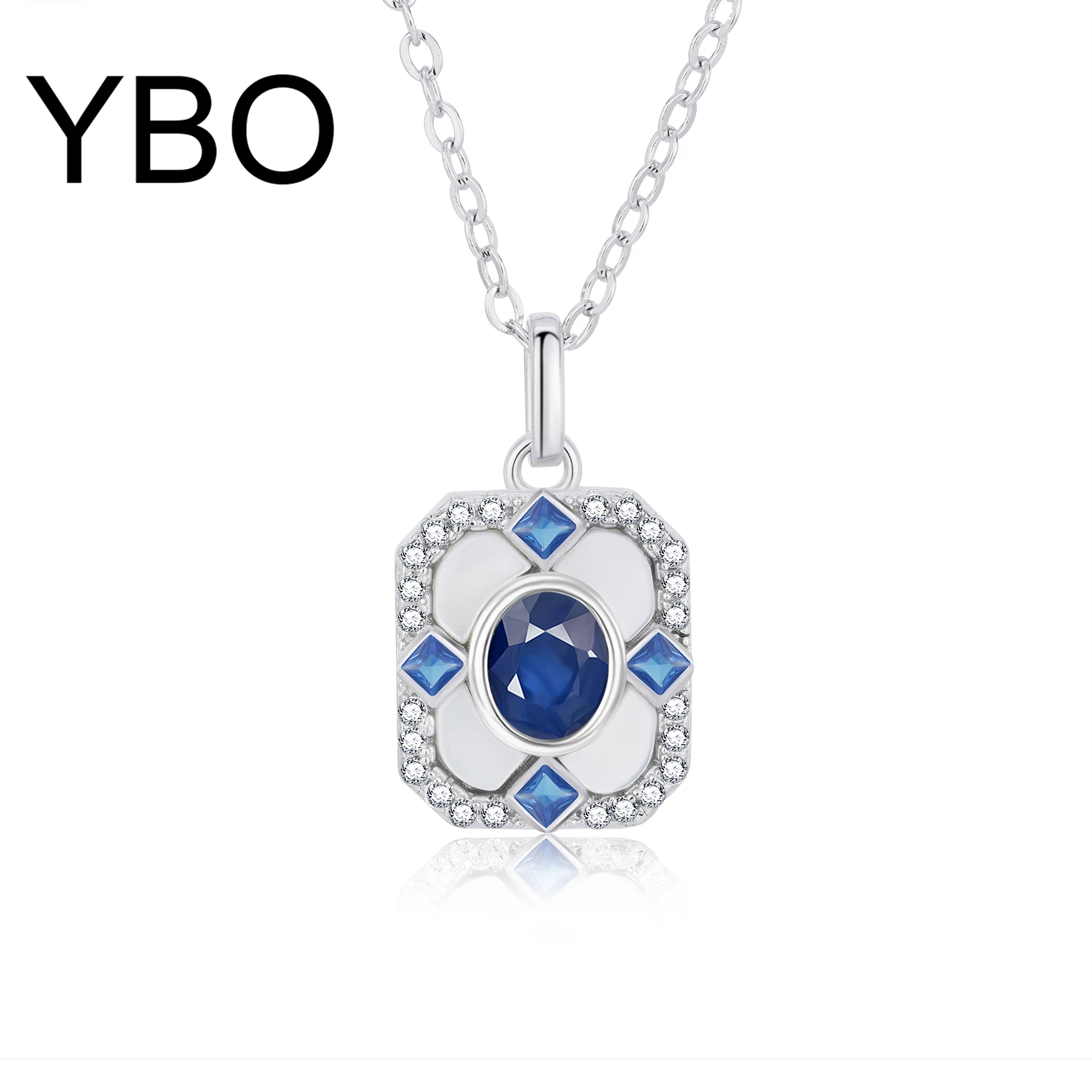 

YBO Fine Jewelry Sapphire Natural Stone Square Pendant Necklaces For Women Luxury 925 Sterling Silver Clavicle Chain Party Jewel