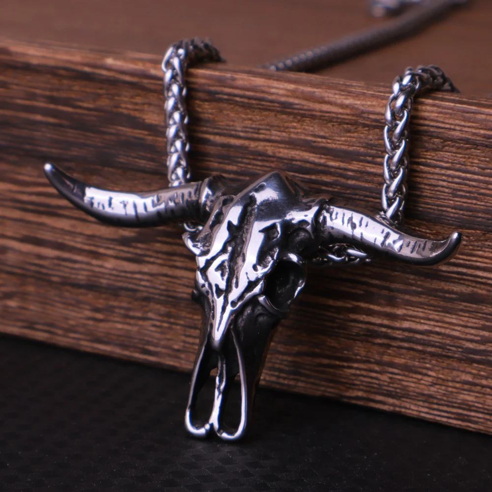 Vintage Stainless Steel Bull Head Skull Pendant Necklace Men Punk Biker Animal Skull Goat Necklace Gothic Jewelry Gift Wholesale