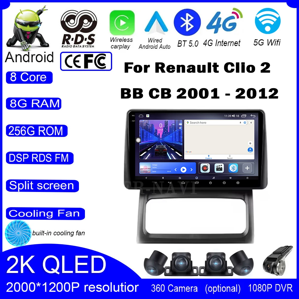 For Renault Clio 2 BB CB 2001-2012 Android 14 Car Radio Multimedia Video Player WIFI Carplay Autoraido GPS Navigation Auto