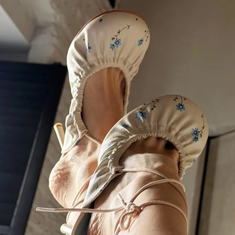 Black Blue Floral Print Pleated Lace Up Mules Sandals Women White Slingback Thin High Heels Retro Fashion Party Prom Ladies Shoe