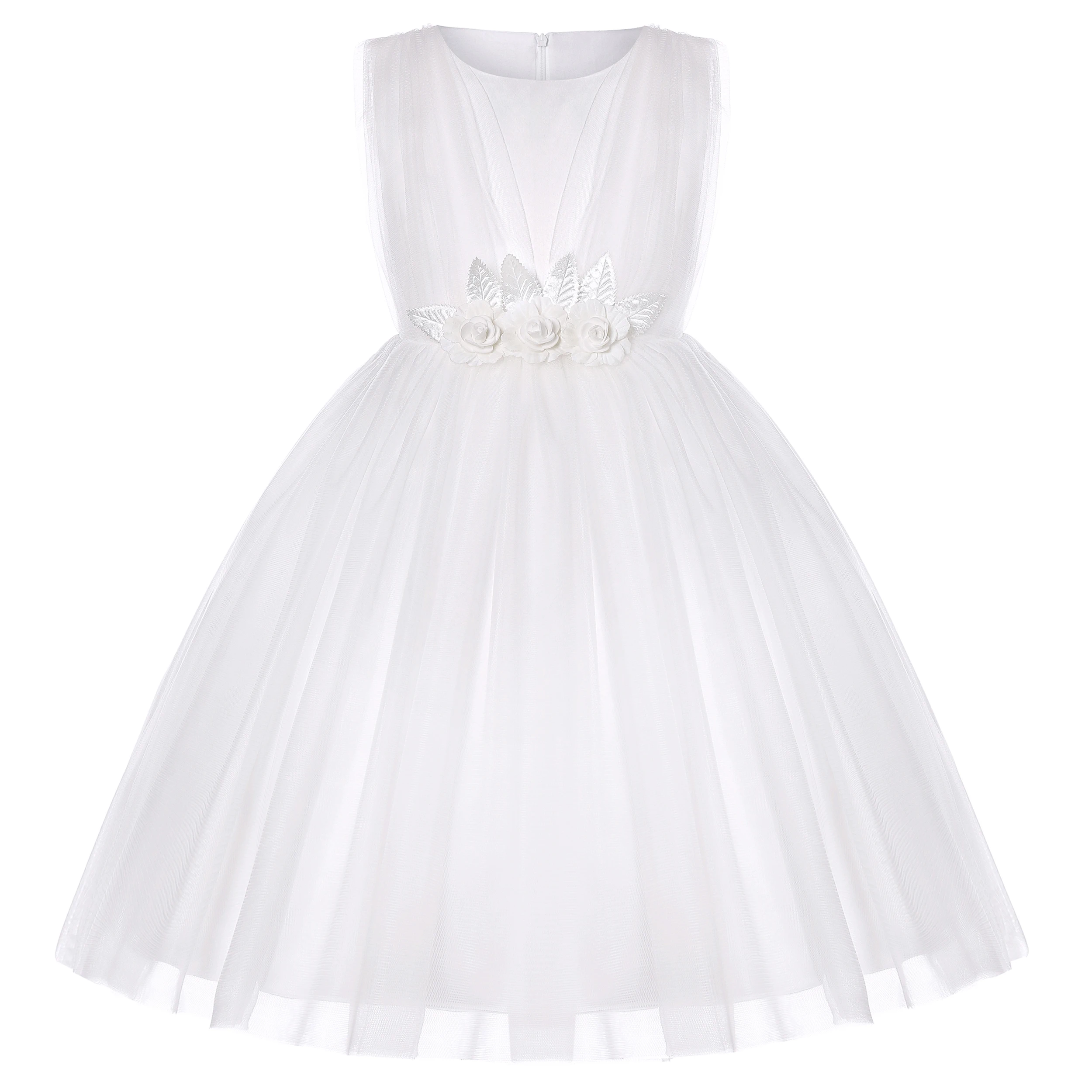 Floral bow belt, pure white net fabric bridesmaid dress, wedding performance party dress, flower girl gown