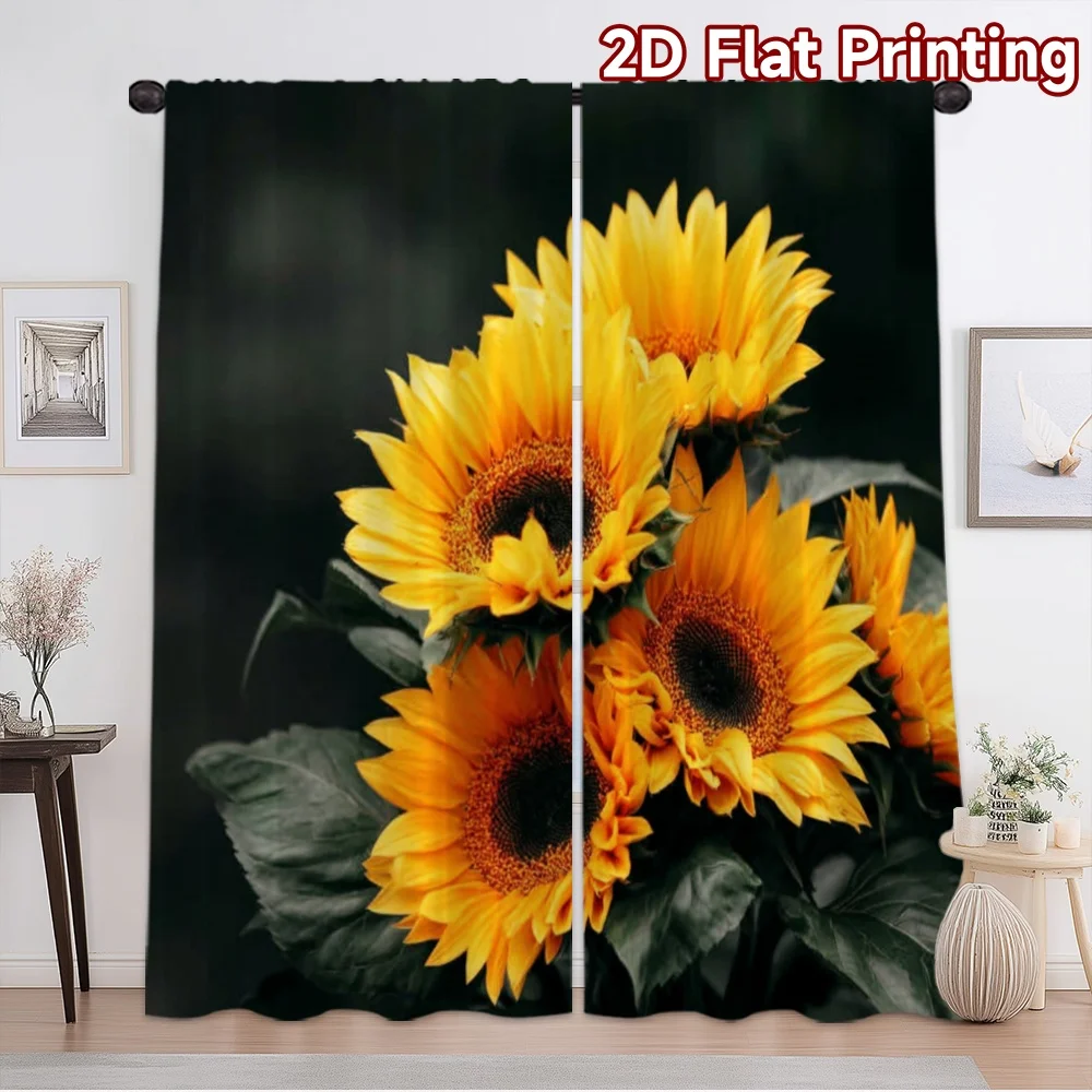 2D flat printing 2pcs Curtain Window Treatment Curtains Bright Sunflower Blooms Digital Printed Polyester Drapes All Season