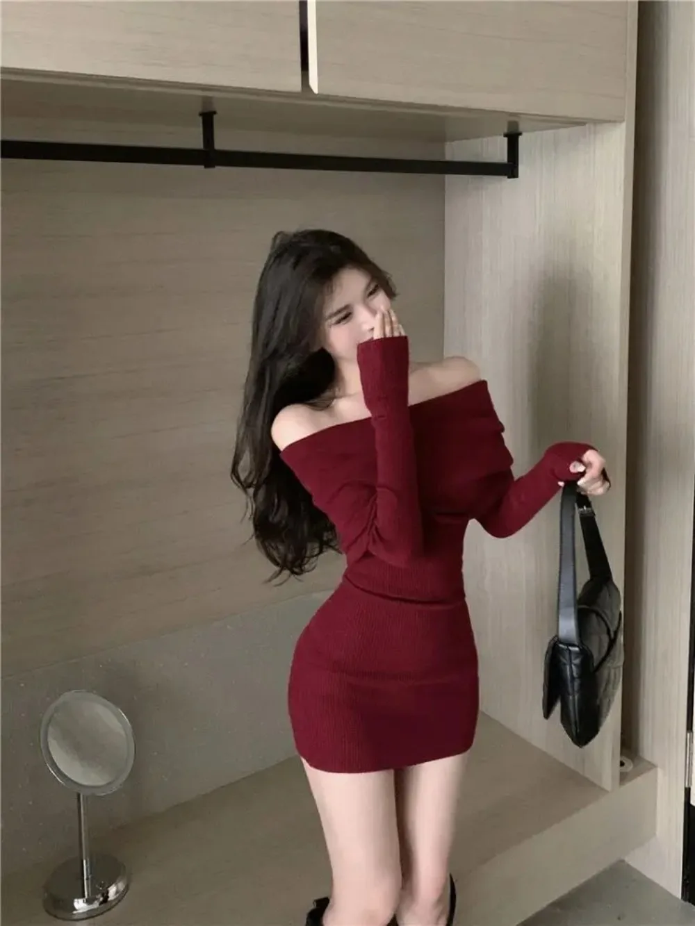 

Black Off Shoulder Mini Dresses Elegant Long Sleeve Fashion Slim Sexy Women Autumn Winter Clothing Skinny Sweater Dress Bodycon