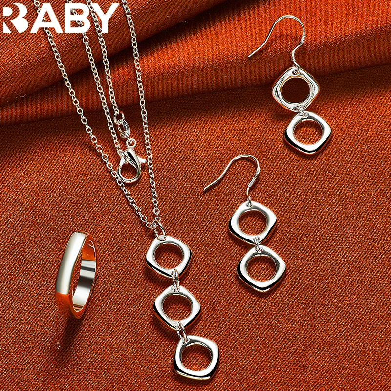 

URBABY 925 Sterling Silver Square Round Necklace Earrings Ring For Woman Fashion Charms Wedding Engagement Party Jewelry Set