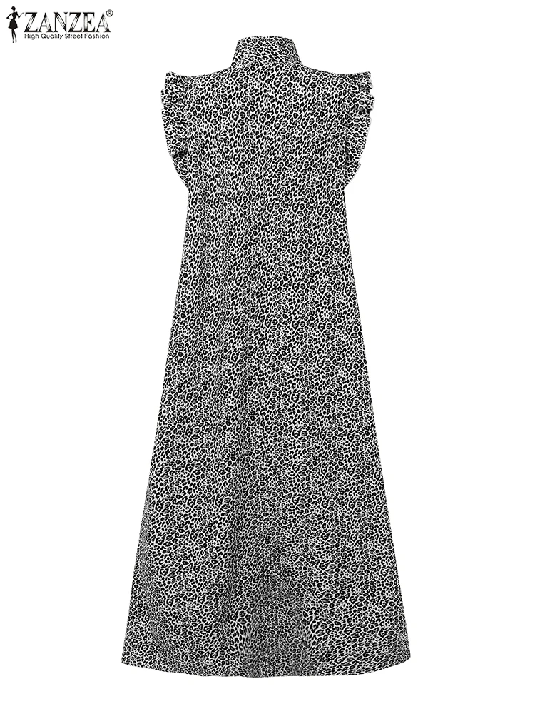 ZANZEA-Vestido largo con estampado de leopardo para mujer, vestido sin mangas para fiesta, sin mangas, con cordones, cuello en V, vestido veraniego informal holgado
