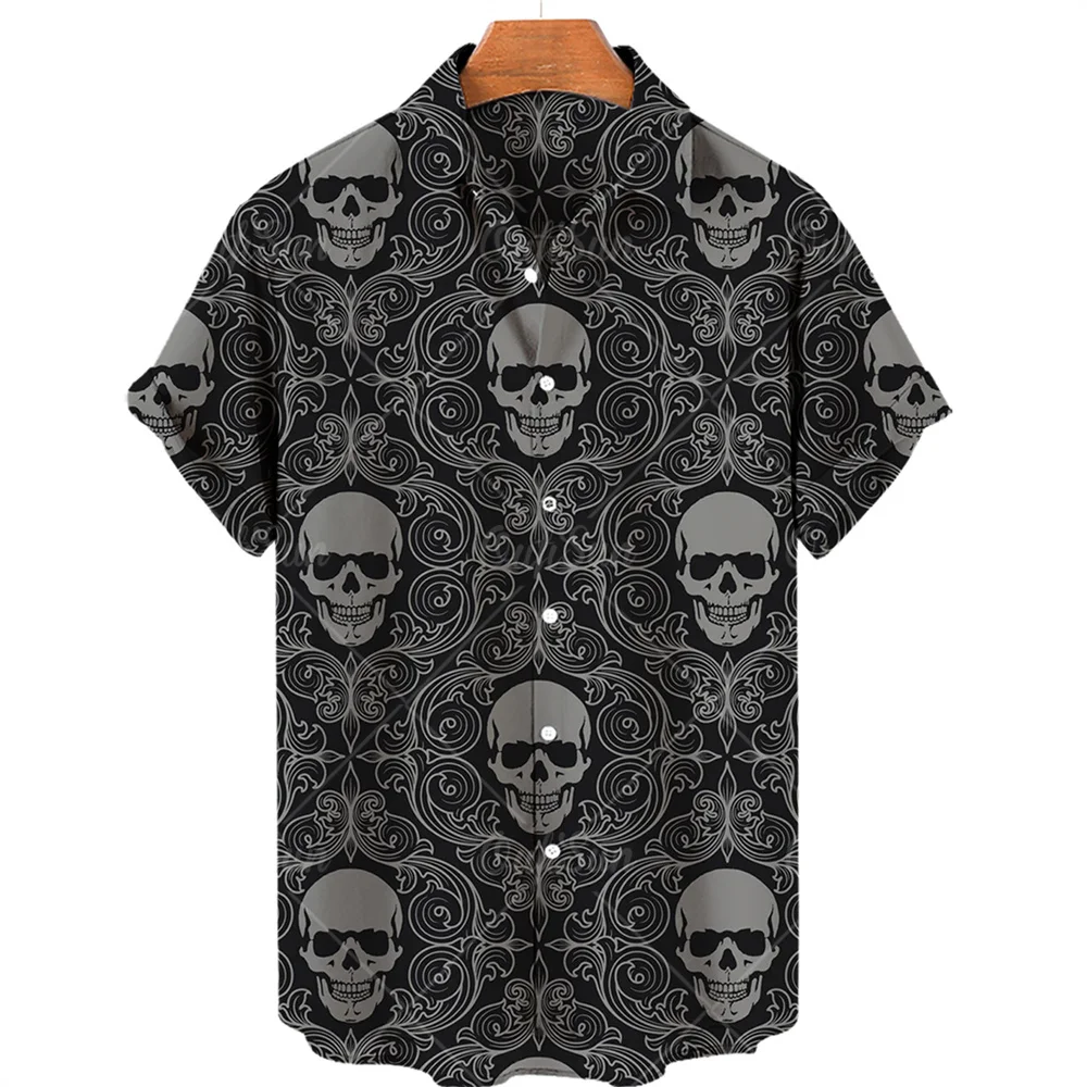 Hawaiihemd mit Totenkopf-Print, kurzärmelig, locker geschnitten, atmungsaktiv, Hip-Hop-Stil, schnelltrocknend, bequemes Herrenhemd für den Strand – Detail 8