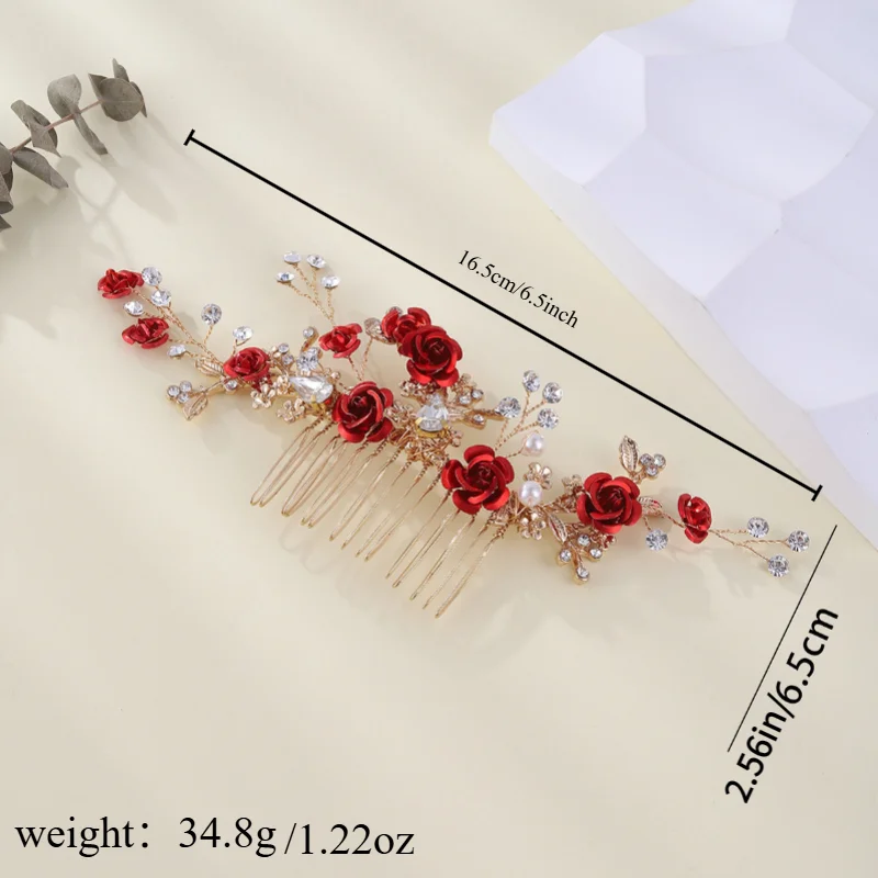 Wedding Hair Comb  Red Rose Hair Ornament Handmade Rhinestone Pearl  Headpiece Hair Wedding Accessories Bridesmaid Gifts