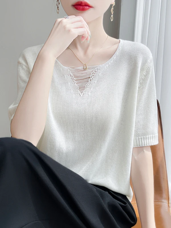 

Hollow out Ice Silk Knitted ort Sve T-irt Women's Loose Fit Breathable Slimming Top Summer Thin V-Ne Regular Length