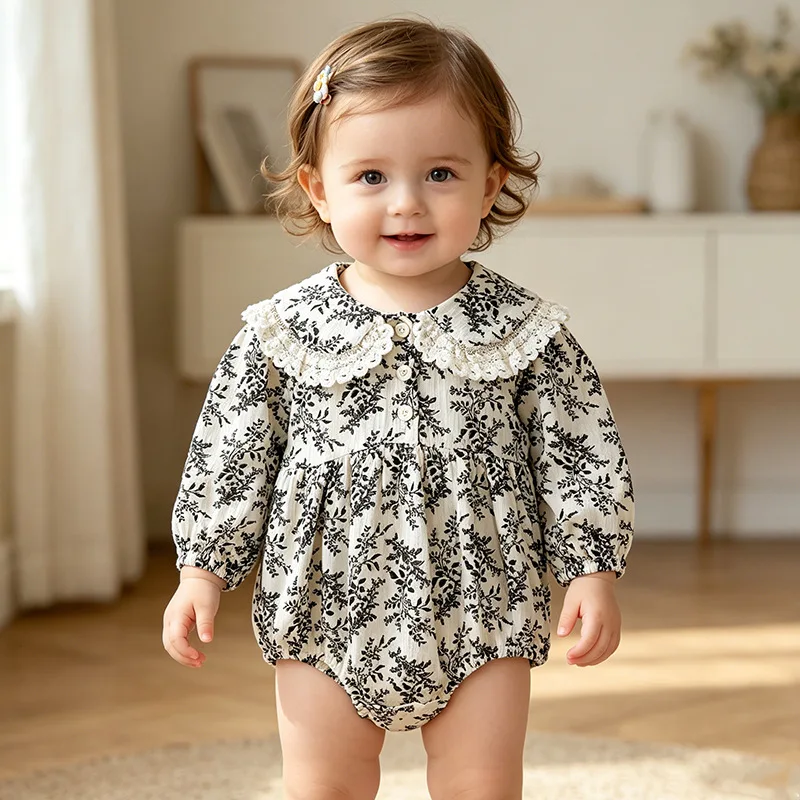 Baby Crawling Clothes Spring and Autumn Baby Rompers Girls Baby Long Sleeved Floral Clothes Newborn Trendy Outdoor Clothes
