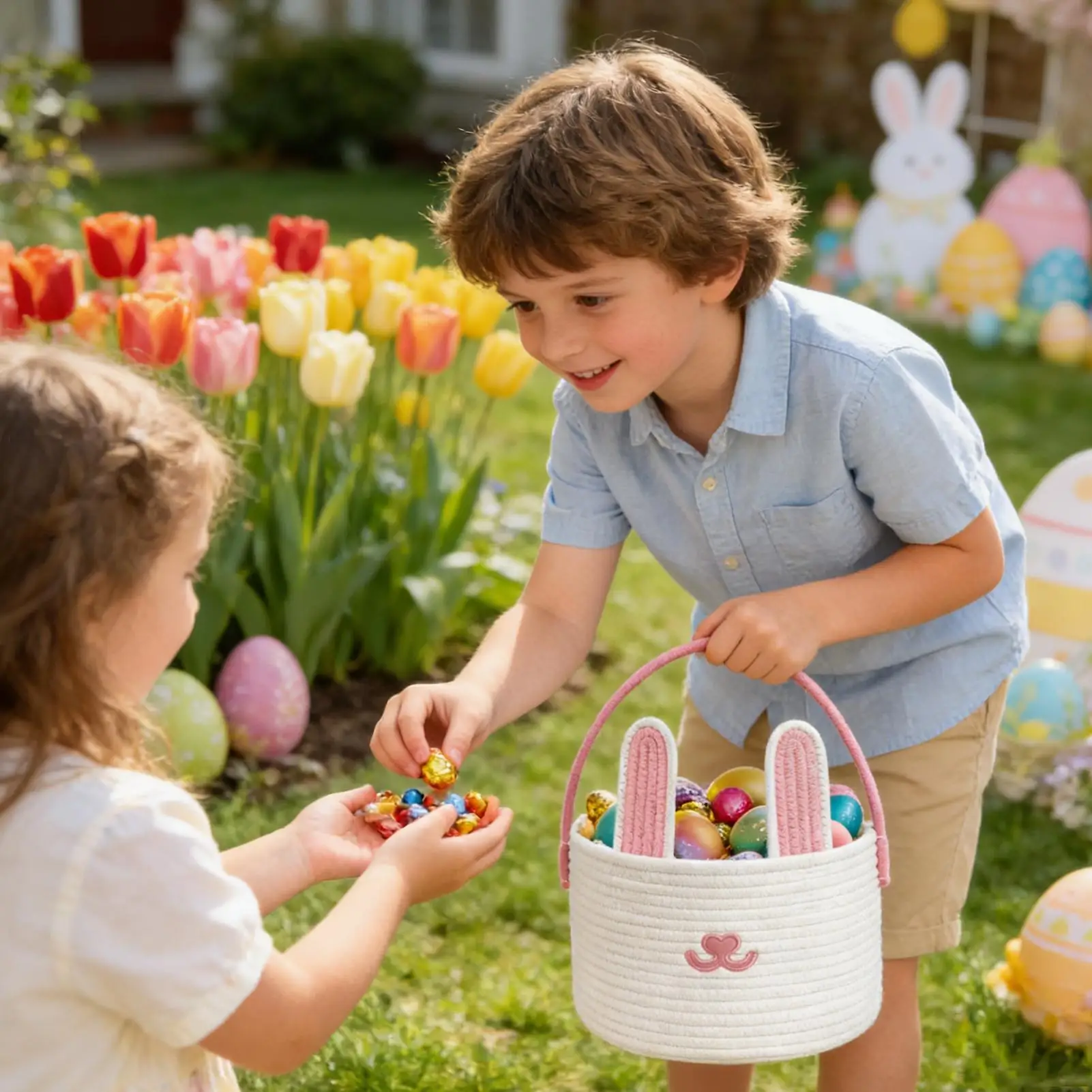 Easter Baskets Cotton Rope Egg Hunt Container Easter Bunny Baskets With Handle For Toys Snacks Party Holiday Birthday Kids Boys
