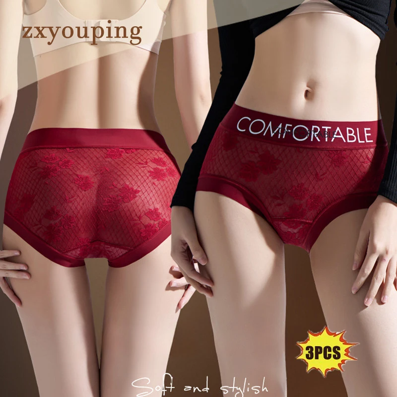 

3PCS Women Sexy Lace Panties Mid Waist Transparent Floral Panty Plus Size Hollow Out Underwear