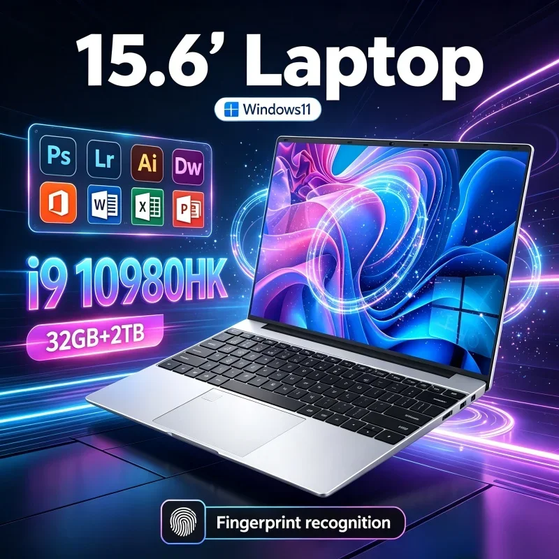 High Speed 15.6'' Inch Laptop Intel Core I9-10980HK 32GB RAM 1TB 2TB SSD Windows 11 Fingerprint Unlock For Gaming Working Study