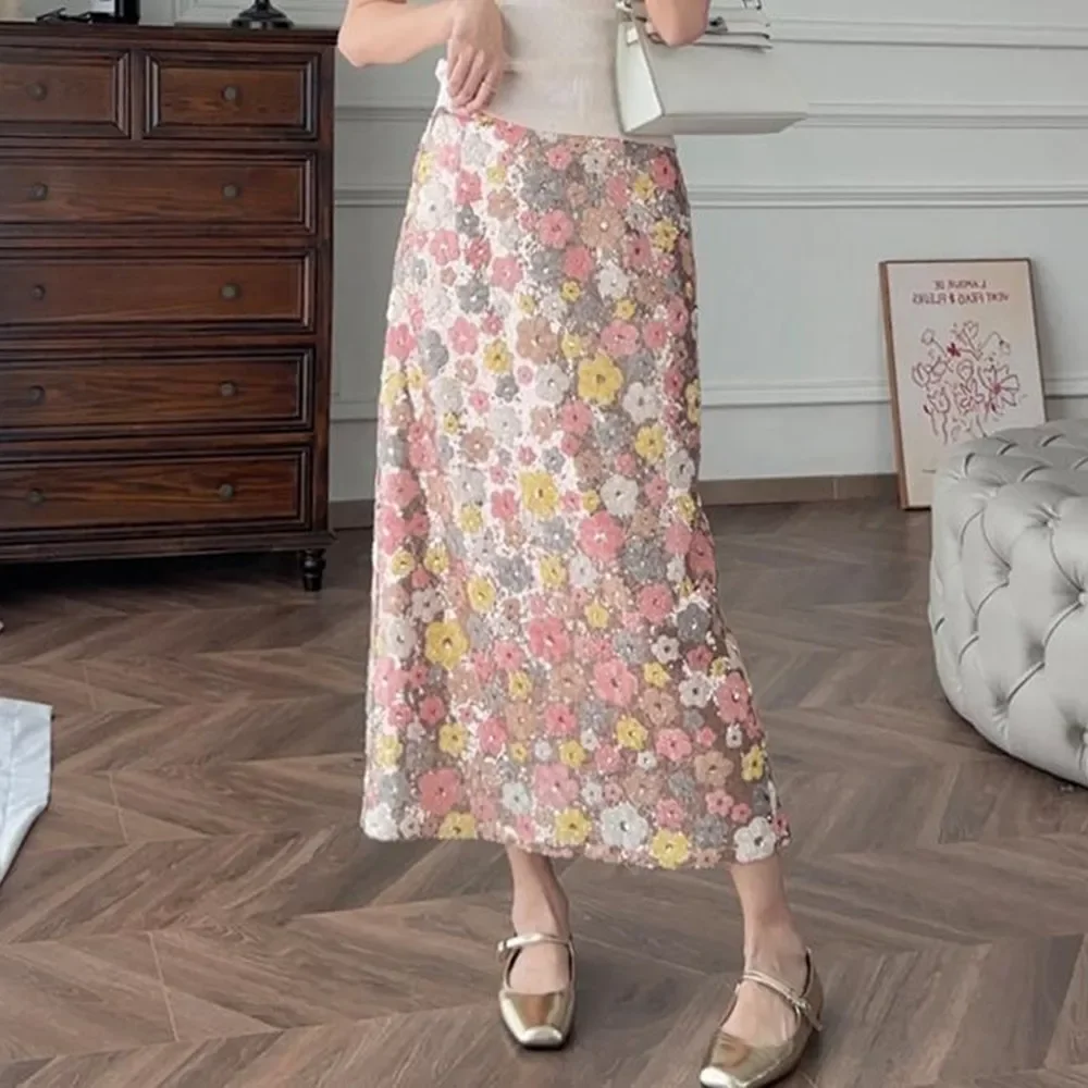 Falda Midi con lentejuelas y flores para mujer, falda de cintura alta, elegante, bordada, línea A, ropa de verano, 2024