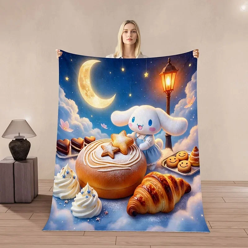 Cinnamoroll Flannel Throw Blanket Dreamy Sky Bakery Kitty Design, Cozy Warm Blanket For Napping Picnic Indoor Daily Relax