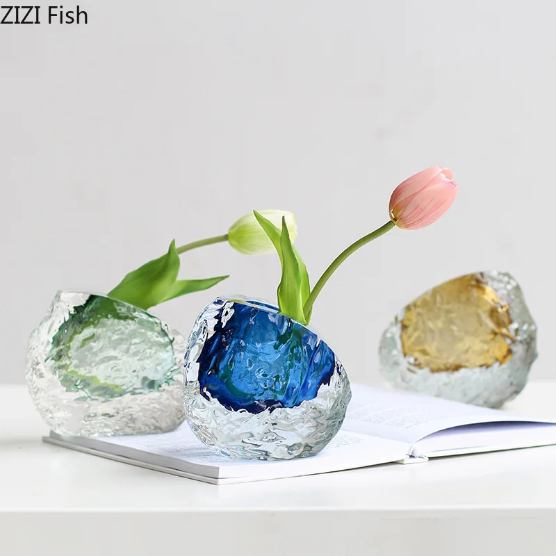 

Irregular Wrinkle Glass Vase Oblique Mouthed Flower Pots Desk Decoration Flowers Arrangement Floral Vases Room Aesthetic Decor