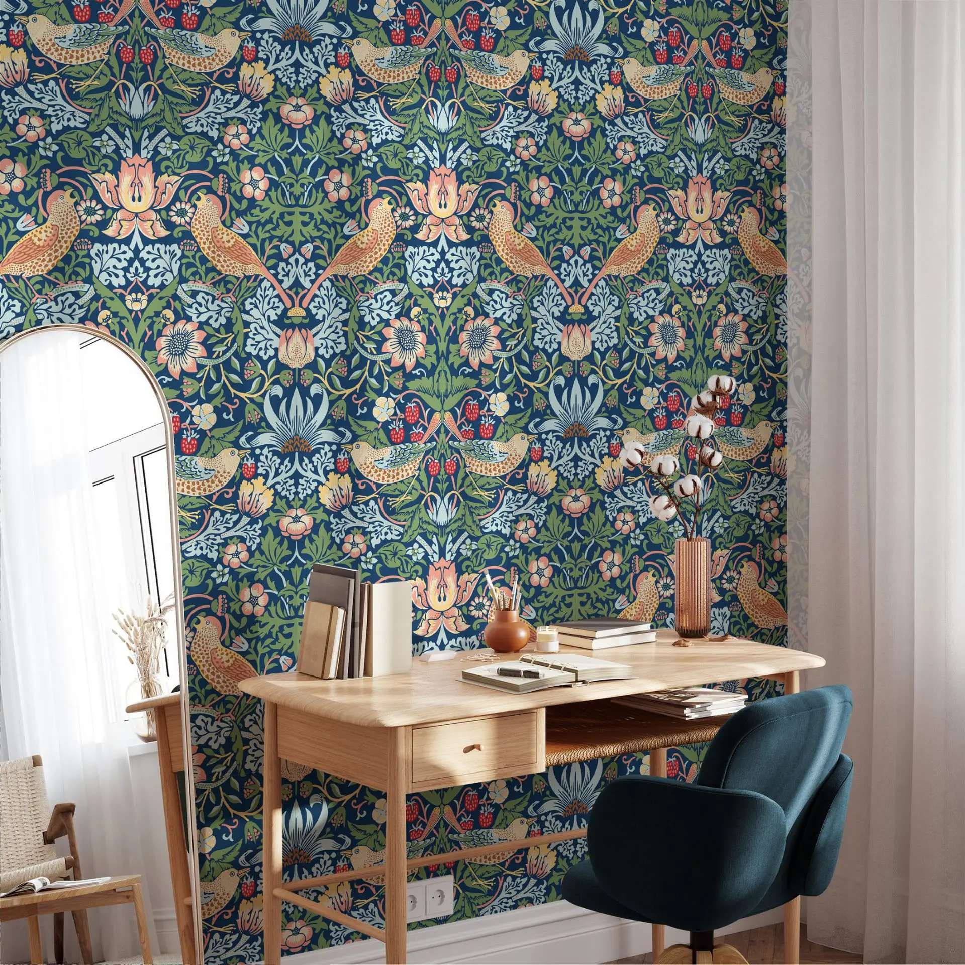 Blue Botanical Peel and Stick Wallpaper Vintage Floral Bird Removable Contact Paper for Cabinet Wall Furniture Renovation