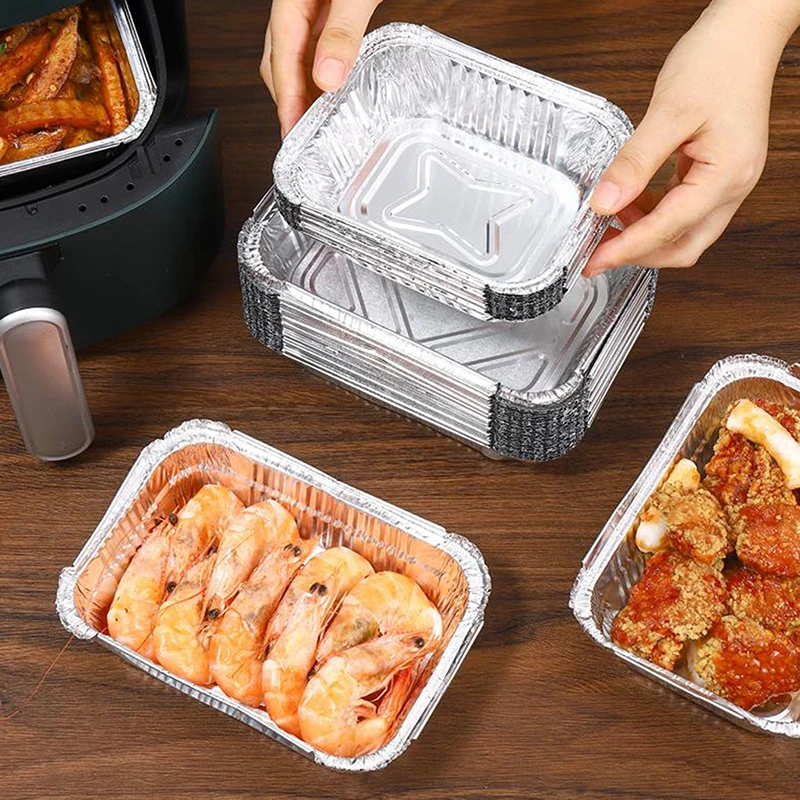 ~10pcs Rectangle Aluminum Foil Trays Non-Stick Baking Pans Food Grade BBQ Bowl For Air Fryer Oven Baking Cooking Kitchen Tool