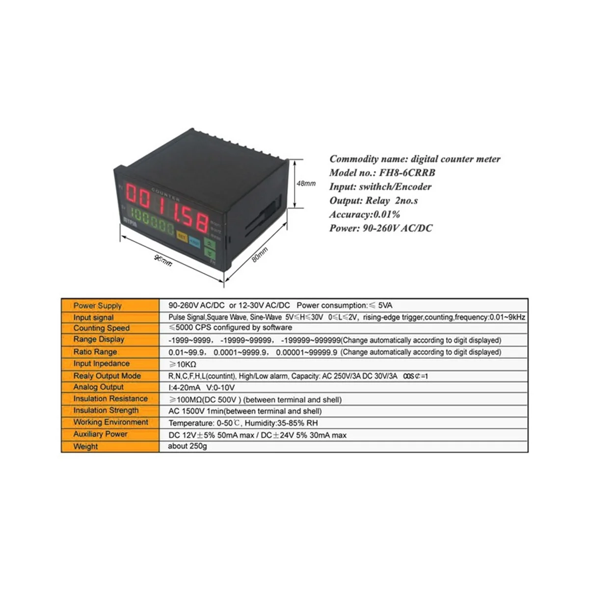 Mypin FH8-6CRRB Dual Display Digital Counter 6 Digits Light-Emitting Diode AC/DC Length Meter Black