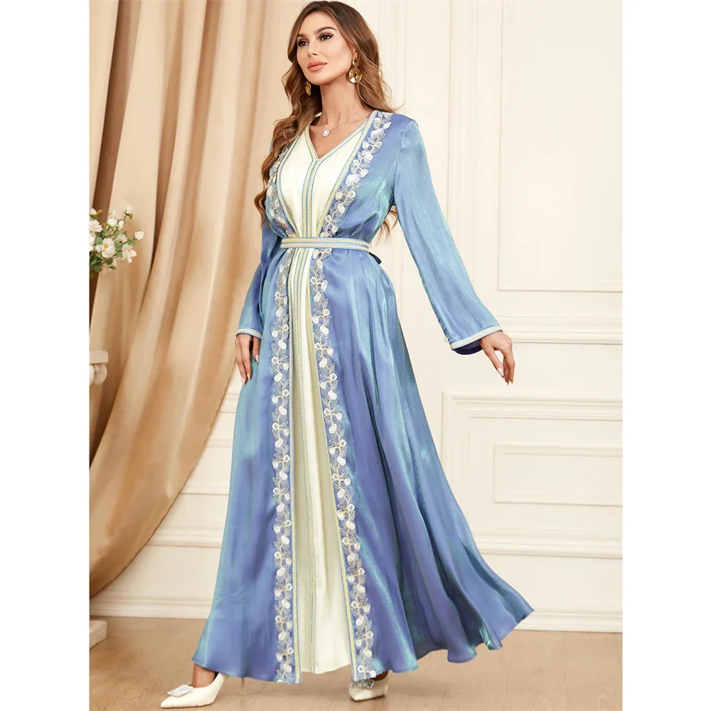 Two Pieces Abaya Set Women Long Dress Eid Mubarak Muslim Moroccan Caftan Arabic Dubai Jalabiya Ramadan Kimono Djellaba Vestidos