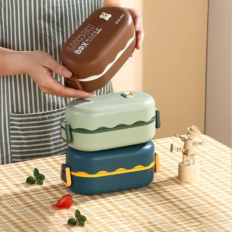 850ML Lunch Box Double-layer Plastic Compartment Lunch Box with Spoon Buckle Leak-proof Food Storage Container Sealed Picnic Box view 2