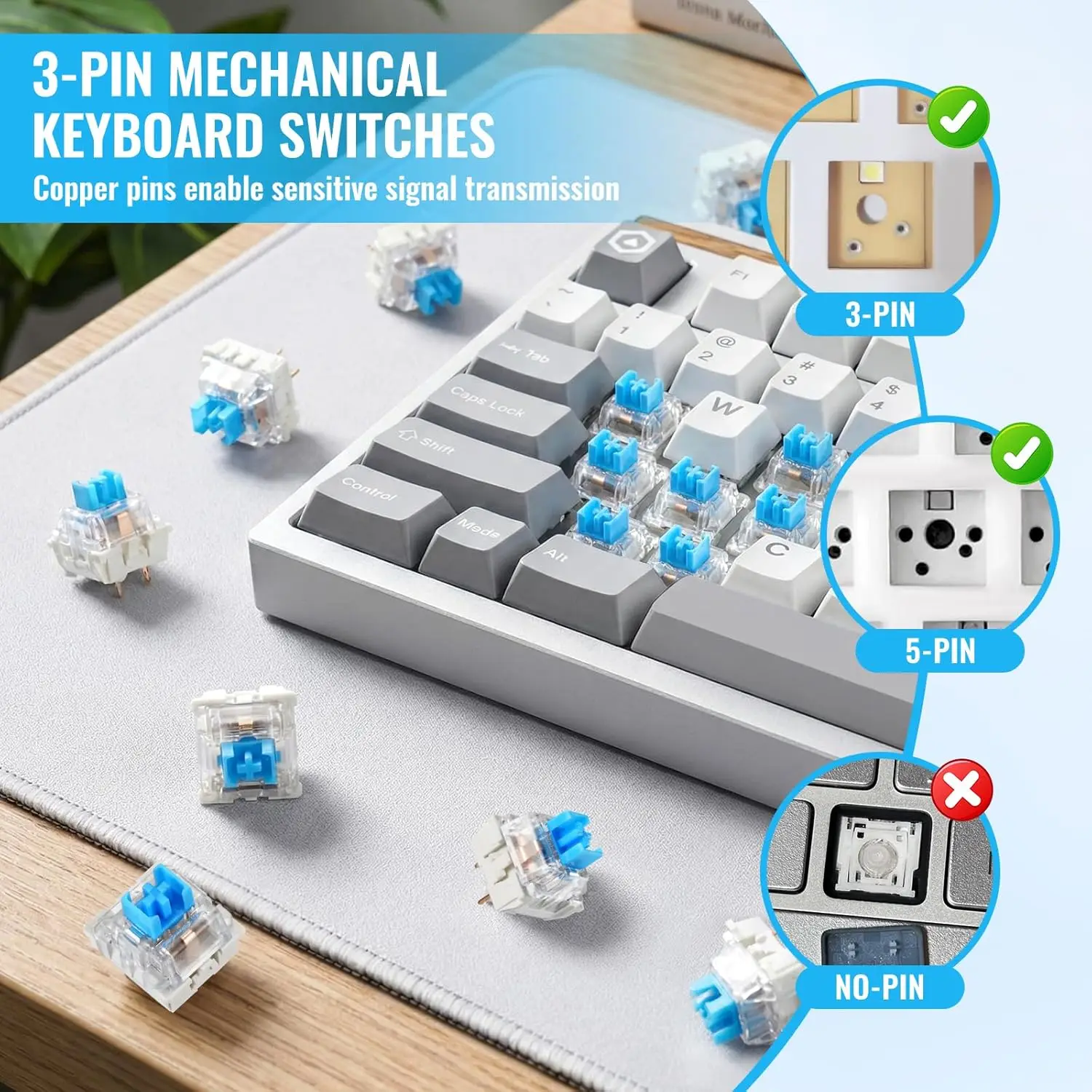 200/10pcs Mechanical Keyboard Switches Blue Switch Customizable Hot-Swappable 3 Pins Cross Stem for Mechanical Keyboard
