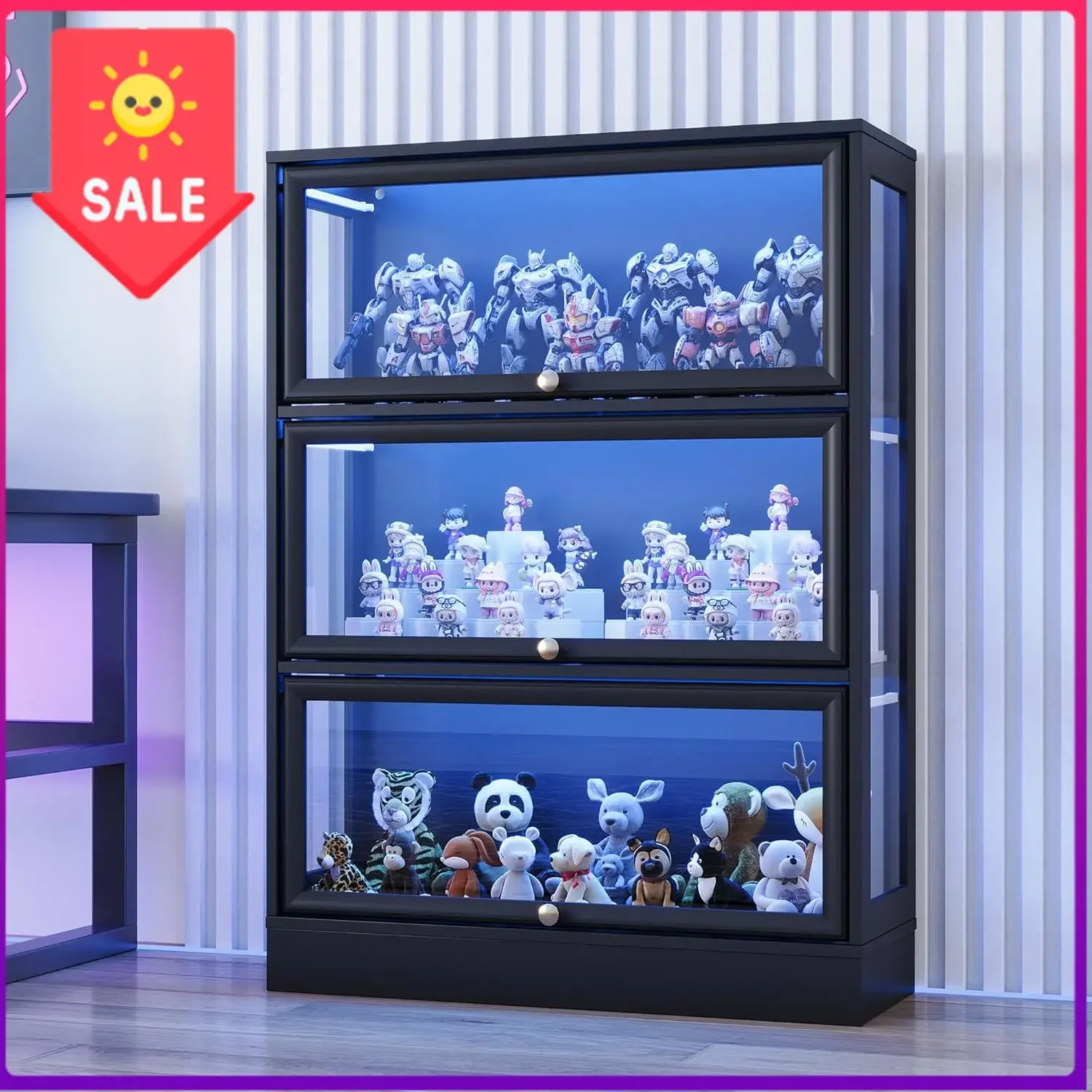 Display Cabinet with Acrylic Glass Doors,3-Tier Curio Cabinet with RGB Lights for Collectibles,Toys,Lighted Display Case with 4