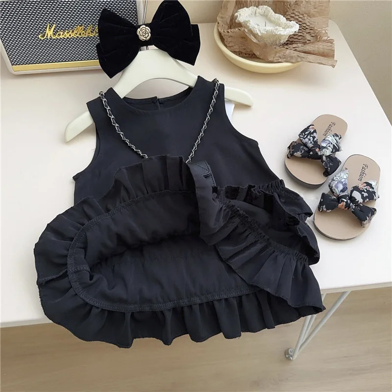 Girls Black Summer Sleeveless Tank Dress Simple Elegant Little Tiered Cake Princess Dress Casual Kids Bottoms For Toddler Baby