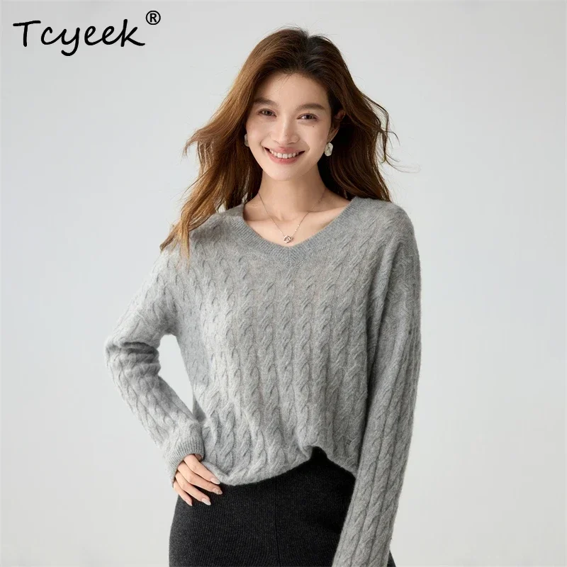 Women's Pullover Knit Clothing Mulberry Silk Cashmere V-Neck Twist Flower Sweater Autumn Winter Sweet Style Soft Loose Pullover
