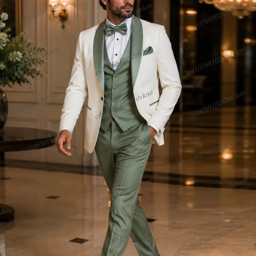 

New Formal White And Mint Green Men Suit Wedding Party Groom Groomsman Prom Business Male Tuxedos 3 Piece Set Jacket Vest Pants