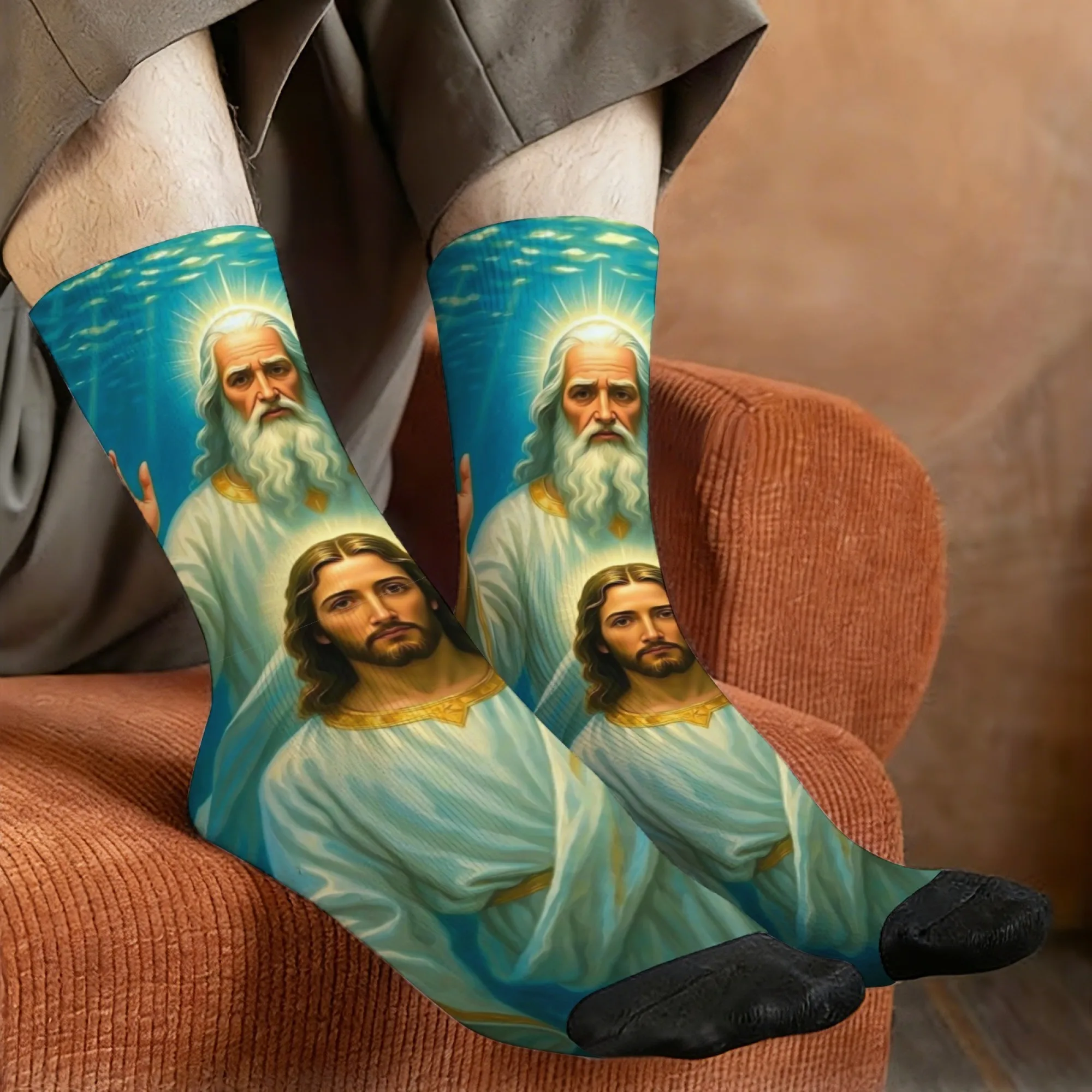 Herrensocken im Retro-Stil mit Jesus Christus- und weißer Tauben-Aufdruck – bequeme, atmungsaktive, rutschfeste Freizeitsocken – verrücktes Partygeschenk