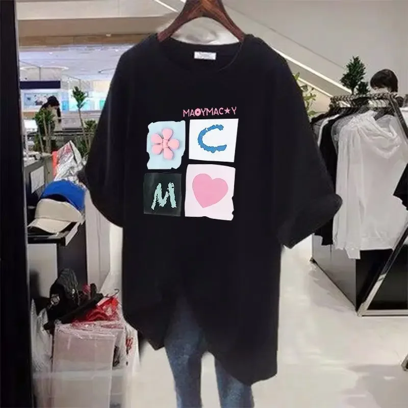 

Women Clothing Loose Casual O-neck T-shirt Summer Short Sleeve Basic Pure Cotton Printed Top Tees Chic Simple Pullovers