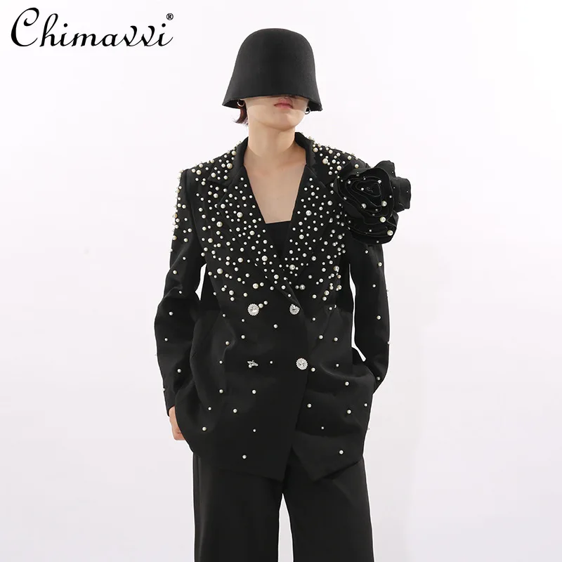 

French Elegant Commuter Suit Jackets Heavy Industry Beading 3D Flower Double-Breasted Fashion High-End Women's Blazers Autumn