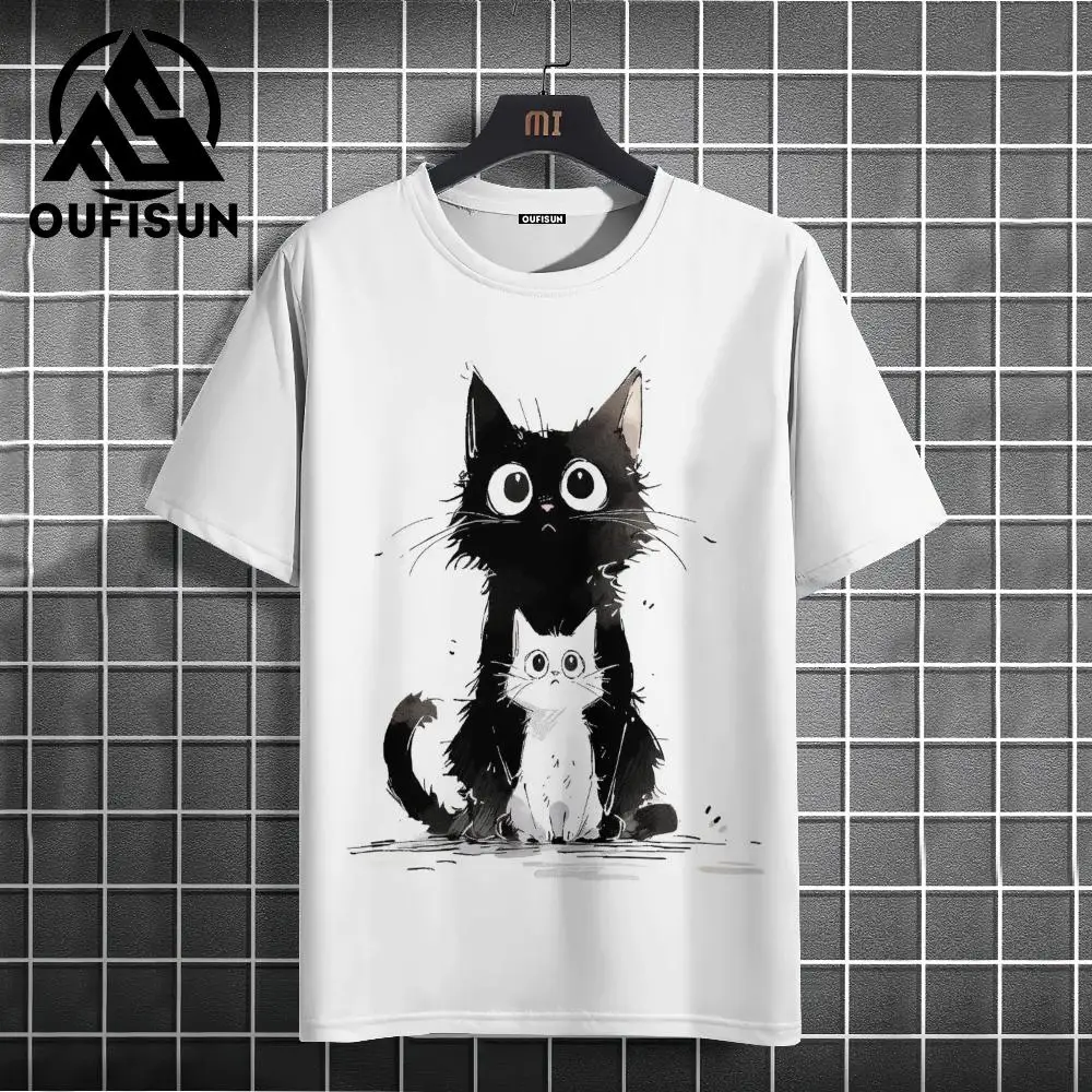 Funny Animal Black Cat Short Sleeve Tees Tops Casual T-Shirt For Men Oversized Streetwear Hip Hop Sweatshirt Men\'s Clothing Xl