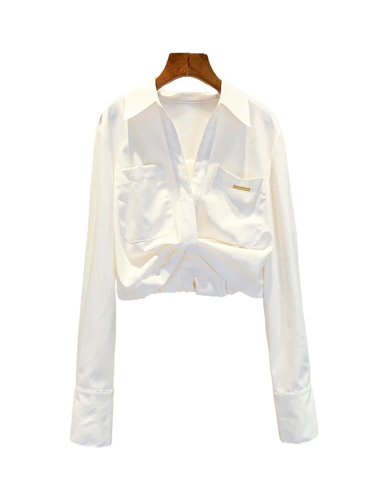 

High-End Women's irt Autumn 2025 Irregular Design Pleated Top Fem Faion Ele Commute Sle Polyester Fiber Long Sve