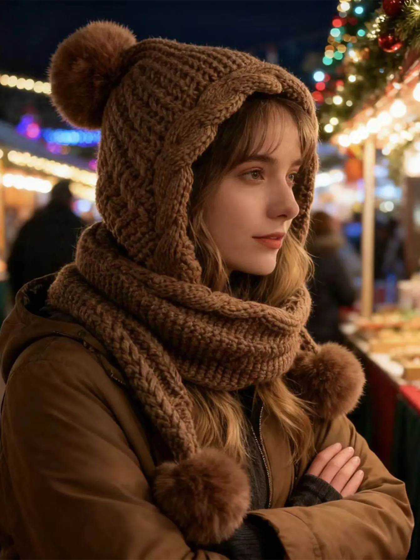 ผ้าพันคอหมวกไหมพรม 2 in 1 สำหรับฤดูหนาว กันลม กันหนาว แบบสามห่วง นุ่ม สบาย สำหรับผู้หญิง ฤดูใบไม้ร่วง/ฤดูหนาว ใช้ได้หลากหลาย